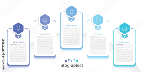 Clean and organized infographic template with five structured sections. Each step is clearly defined with numbered labels, icons, and editable text placeholders, arranged in a balanced grid-style.
