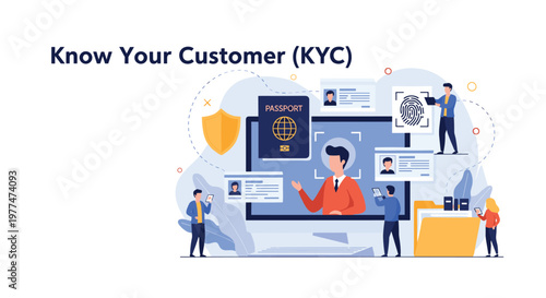 Know Your Customer KYC technology concept with facial recognition passport data and biometric fingerprint security.