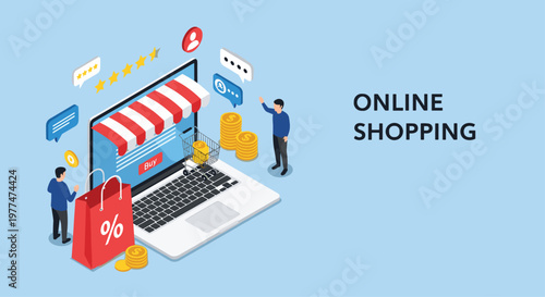Isometric illustration of a laptop screen transformed into an online store with customers, shopping bags, coins, and feedback stars.