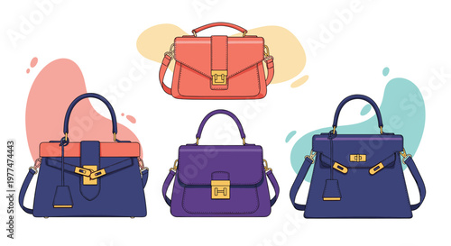 Set of four fashionable women's handbags and purses displayed in vibrant coral and dark purple colors with elegant gold buckles.