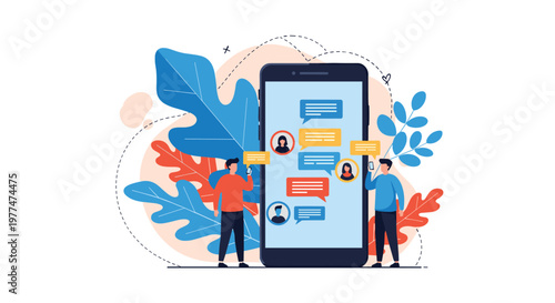 Two small figures standing on either side of a large smartphone displaying a mobile messaging app with various user chat bubbles.