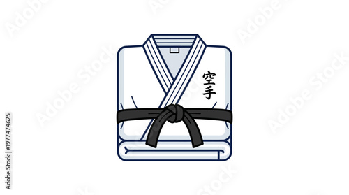 Karate Uniform: A neatly folded karate uniform, featuring a white gi, black belt, and traditional Japanese calligraphy, symbolizes discipline and martial arts training.