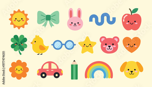 Cute colorful kids icon set with animals and objects