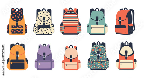 Large set of ten different colorful backpacks with various patterns like polka dots and stripes designed for school students or travelers.