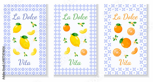 Vibrant poster set with lemons and oranges in mediterranean style. Banners with text and fruit in yellow, orange and blue colours. Posters for cafe, restaurant, diner, shop, grocery, interior design. 