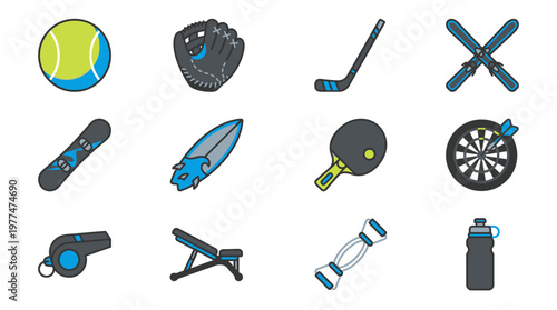Iconic Sport Essentials Collection: An assortment of sports equipment illustrations, perfect for representing a diverse range of athletic activities and recreational pastimes.