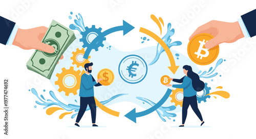 Group of people and hands facilitating the exchange of various currencies such as cash, gold dollar coins, euros, and digital bitcoins.