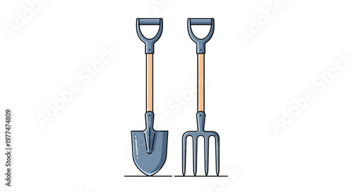 Simple illustration of two common gardening tools including a metal shovel and a digging fork both featuring sturdy wooden handles.