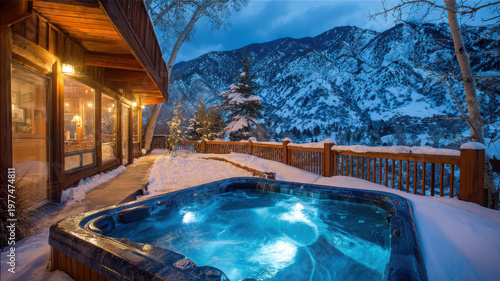 Wallpaper Mural Therapy stress release treatment, health lifestyle. A wooden cabin with glass doors and lights, a hot tub in the snow, and a backdrop of snowcovered mountains illuminated by the night sky. Torontodigital.ca