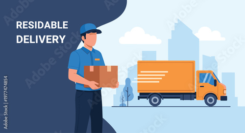 Professional delivery man in a blue uniform holding a cardboard box with a large orange delivery truck and city skyline in the background.