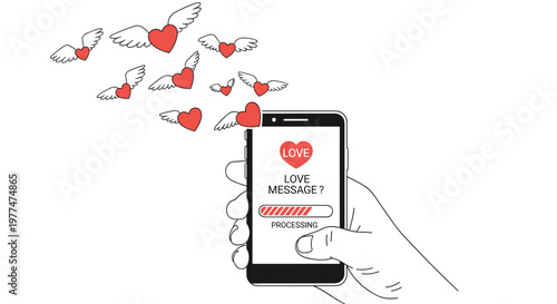 Close up of a hand holding a smartphone that is processing a love message with several red hearts with wings flying out of it.