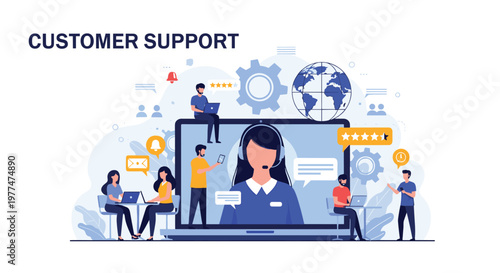 Team of diverse customer support representatives working at their laptops around a large screen displaying a woman with a headset.