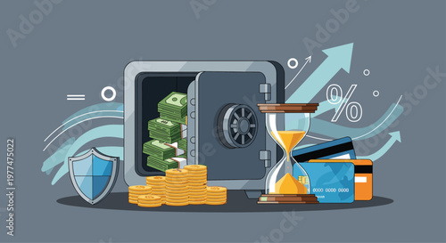 Strong metal safe box left open to reveal stacks of cash, coins, credit cards, and an hourglass symbolising wealth and time.