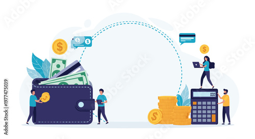 Group of small business people managing a giant wallet filled with money along with gold coins, a calculator, and credit cards.