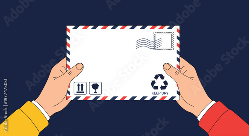 Hands holding a white envelope with a red and blue striped airmail border and various postage marks on a dark blue background.
