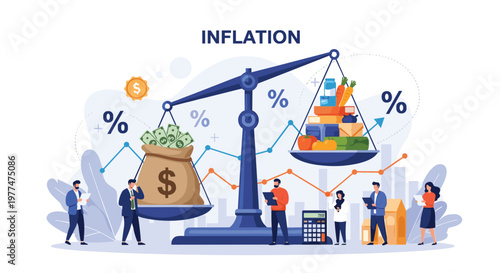 Large balance scale comparing a bag of money to a basket of groceries as business people observe, representing economic inflation.