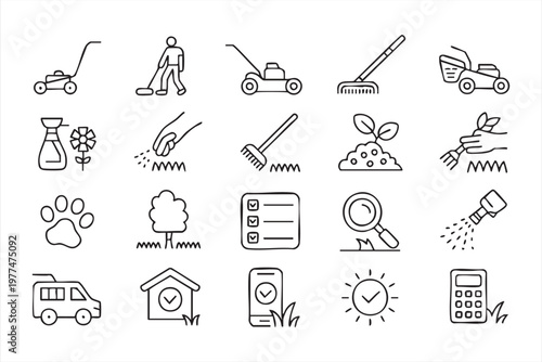 Garden Maintenance Icon Set Featuring Tools Mowing and Planting