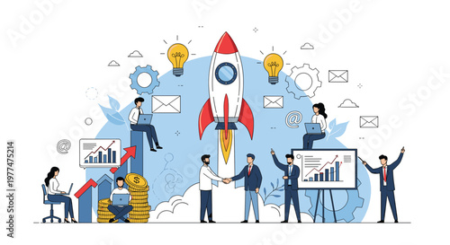 Dynamic business team collaborating on a startup project represented by a large launching rocket ship, money, and data dashboards.