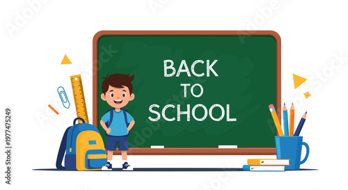 Happy young boy in a blue backpack standing proudly next to a green chalkboard featuring the text BACK TO SCHOOL in white chalk.