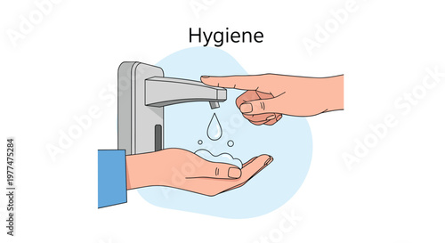 Close up illustration of hands using a modern automatic wall mounted soap dispenser with liquid soap and bubbles shown for hygiene.