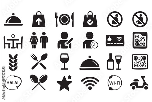 Restaurant Service Icon Set for Dining Payment and Hospitality