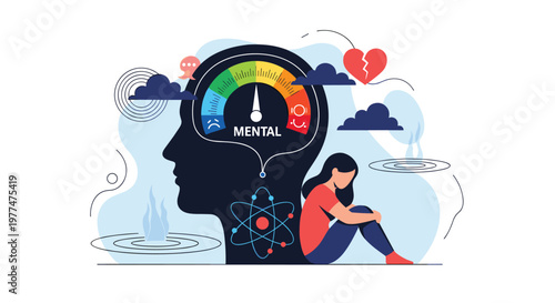 Mental health awareness concept featuring silhouette profile with stress meter and woman suffering from depression or emotional distress.