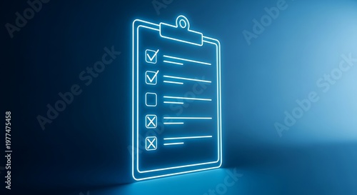 Glowing blue neon outline of a clipboard with checklist, partially complete, on dark background
