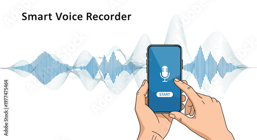 Smartphone voice recorder app being used by person hands to capture audio frequency waves for digital podcasting or music production.
