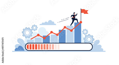 Ambitious businessman running up rising bar chart towards success flag representing growth achievement and progress tracking in career.