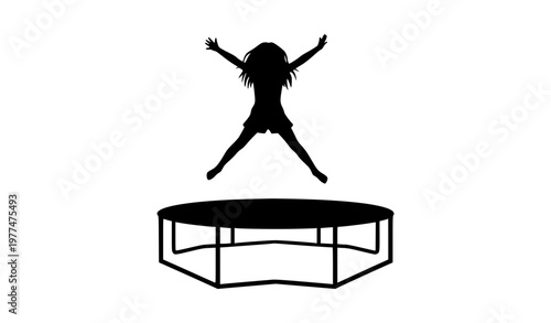 Stylized girl jumping trampoline silhouette vector dynamic childhood activity illustration