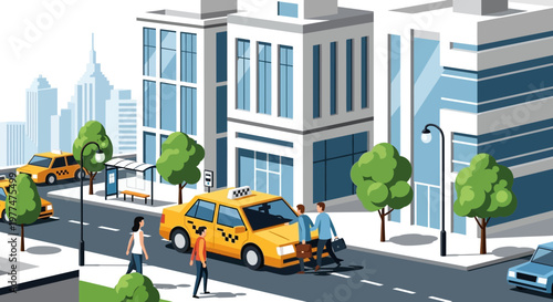 Yellow taxi cab on city street with pedestrians, modern buildings and trees