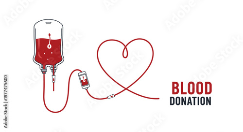 Blood donation concept featuring medical bag connected to heart shaped tube for life saving transfusion and healthcare charity support.