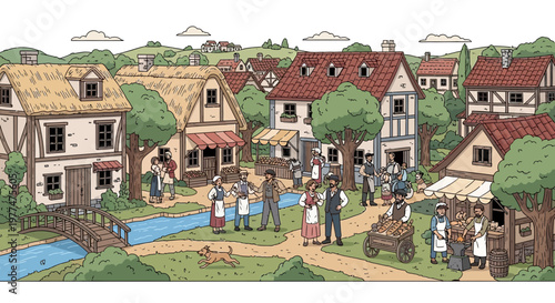 Medieval Village Scene with People and Buildings