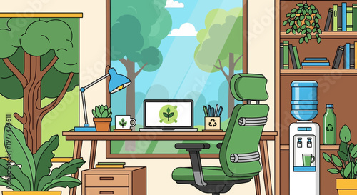 Green Office with Nature View: Eco-Friendly Workspace with Plants and Sustainable Design