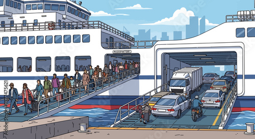 Ferry boat loading passengers and vehicles, urban cityscape background, bright daylight