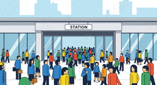 Crowded Train Station Entrance with People Arriving and Departing