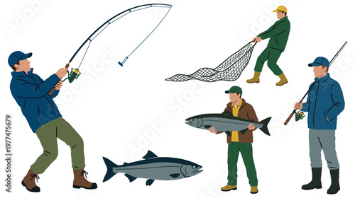 Fishermen catching fish with nets and rods, showing salmon, enjoying outdoor sport.