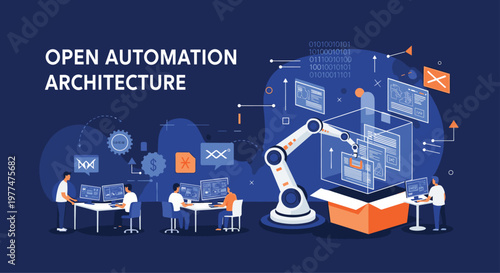 Advanced industrial automation architecture featuring robotic arm technology and engineers monitoring complex manufacturing processes.