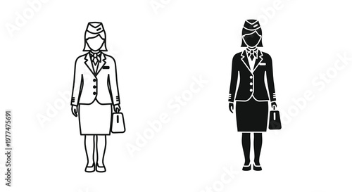 Two depictions of a flight attendant in uniform a striking silhouette