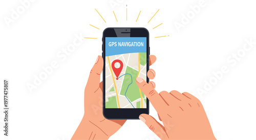 Digital gps navigation map on smartphone screen held by person hands for finding location route and tracking travel direction in city.