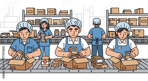 Factory workers packaging products on conveyor belt, manufacturing and logistics concept