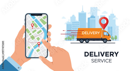 Logistics delivery service concept with hand holding smartphone map route and orange truck moving through modern city skyline background.