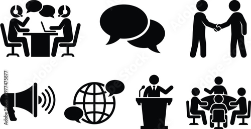 Professional Business Communication Icons Set Representing Global Networking, Corporate Meetings, Public Speaking, Team Collaboration, and Effective Verbal Exchange Marketing Concepts