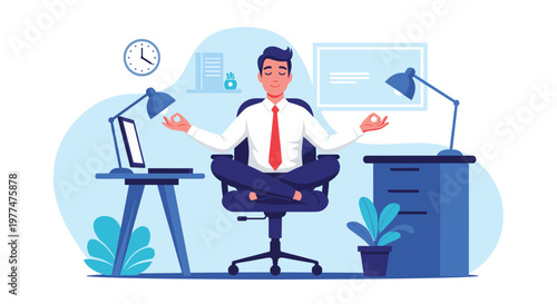 Office employee practicing mindfulness and meditation at work desk to reduce stress and improve mental health and productivity in room.