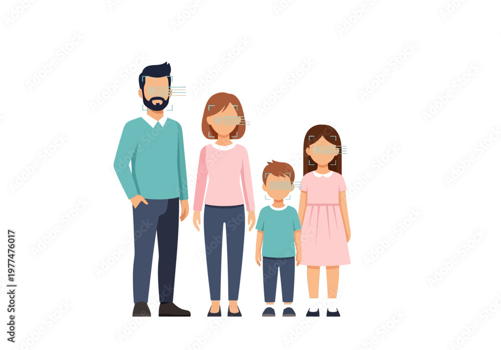 Fototapeta premium Family portrait with faces obscured by digital scanning overlays