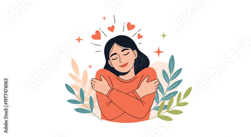 Self love and body positivity concept featuring happy woman hugging herself surrounded by hearts and leaves for mental wellness and care.