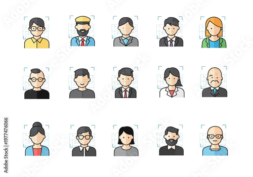 Fifteen stylized avatar portraits undergoing face recognition scanning