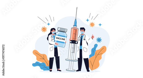 Medical vaccination concept showing male and female doctors holding large vaccine bottle and syringe for immunization and public health.