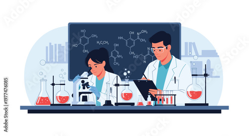 Scientific laboratory research scene with male and female chemists conducting experiments with glassware and molecular formulas on board.