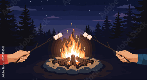 Camping trip at night showing two hands roasting marshmallows over glowing campfire in dark forest under starry sky and pine trees.
